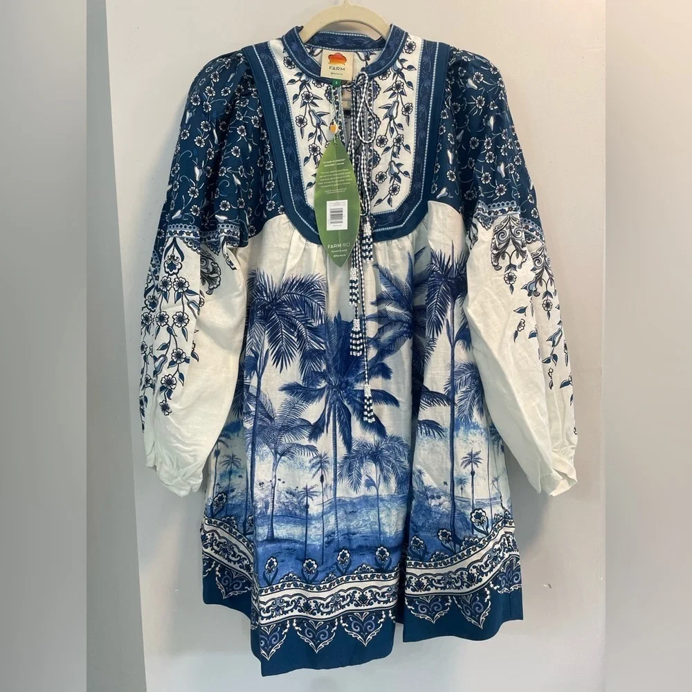 NWT Farm Rio Palm Tree Off White and blue balloon sleeve mini dress womens Small - Picture 4 of 6